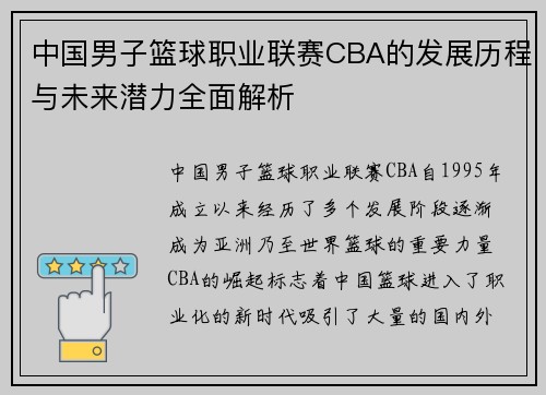 中国男子篮球职业联赛CBA的发展历程与未来潜力全面解析