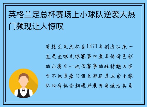 英格兰足总杯赛场上小球队逆袭大热门频现让人惊叹