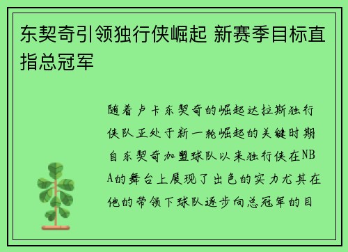 东契奇引领独行侠崛起 新赛季目标直指总冠军